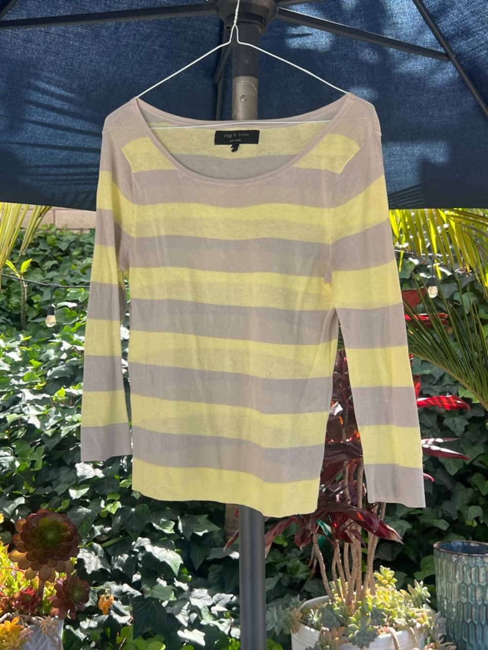 rag & bone Yellow and Gray Striped Cotton Knit Top, Size Small